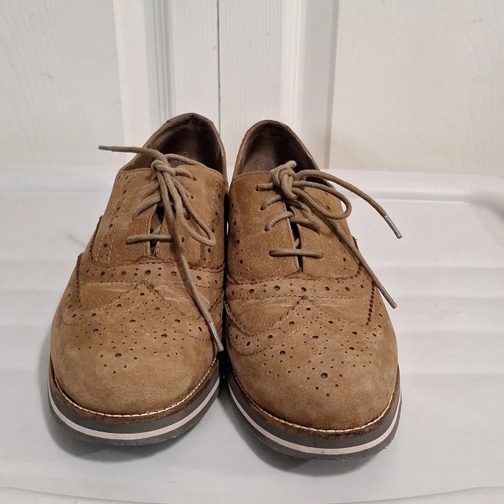 Gianni Bini leather suede perforated lace-up oxford wingtips - 10 - tan brown